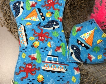 Whale of a Tale  & Sail Away - Burp Pads. Whales, Octopus, Crab, Jellyfish, Boats, Fish, Ocean. Nautical, Ships,