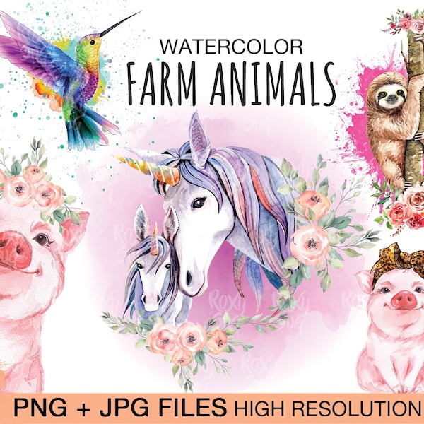 Watercolor Farm Animals Clipart, Bandana Pig, Unicorn Clipart, hummingbird clipart, Watercolor sloth clipart, Farm Clipart PNG Files