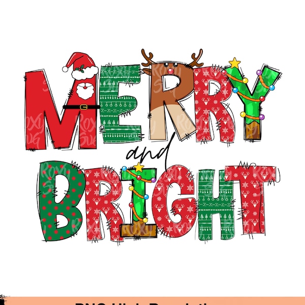 Merry And Bright Hand Drawn Sublimation Design, PNG File, Digital Download, Christmas Sublimation Designs Downloads