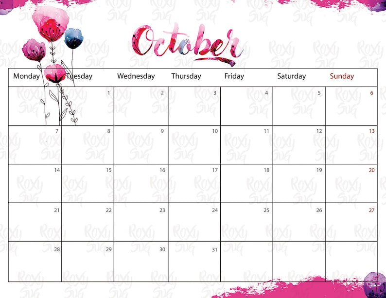 Calendar October 2019 October Printable 2019 October 2019 Etsy