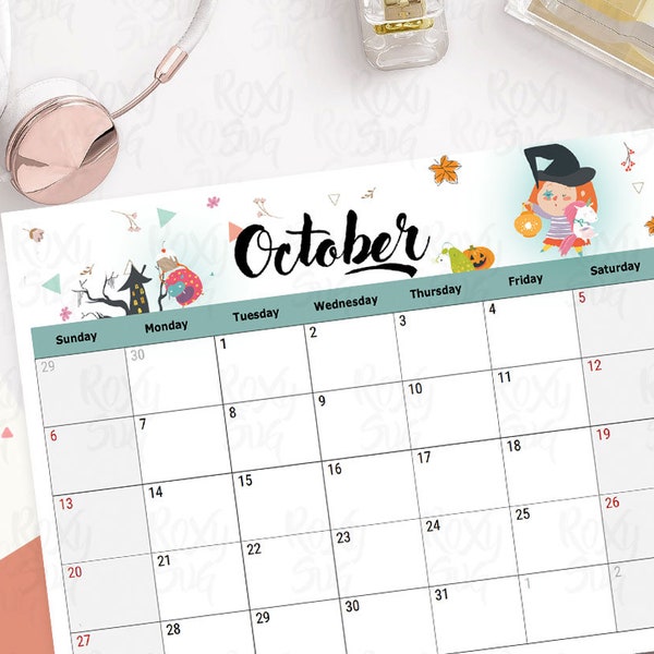 Kalender Oktober 2019 - Oktober Druckbarer Kalender 2019 - Oktoberkalender - Monatskalender - Sofortiger Download