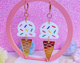Sprinkle Cone Acrylic Earrings | Clip Ons & Hooks Also Available!