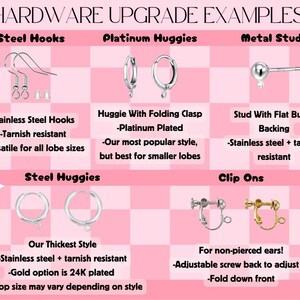 May include: A chart titled HARDWARE UPGRADE EXAMPLES displaying various earring findings: silver steel hooks, platinum-plated huggies with folding clasps, silver metal studs with bullet backings, silver steel huggies, and silver or gold-tone clip-ons.