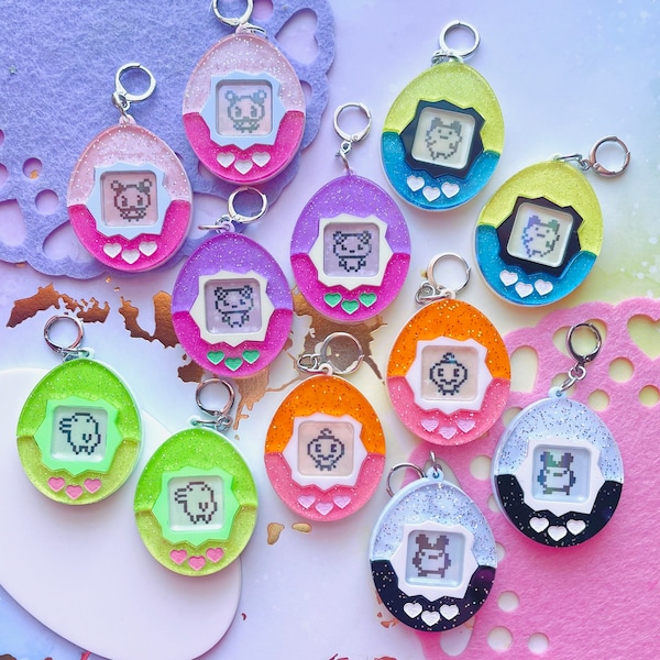 Tama Virtual Friends Acrylic Earrings and Keychains | Choose Your Friend! // Platinum Huggie Hardware Clip Ons & More Available