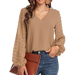 Women's Business Casual Lantern Long Sleeve Blouse V Neck Swiss Dot Tops LooseTunic Plus size New Fashion Tee Blouses Shirts