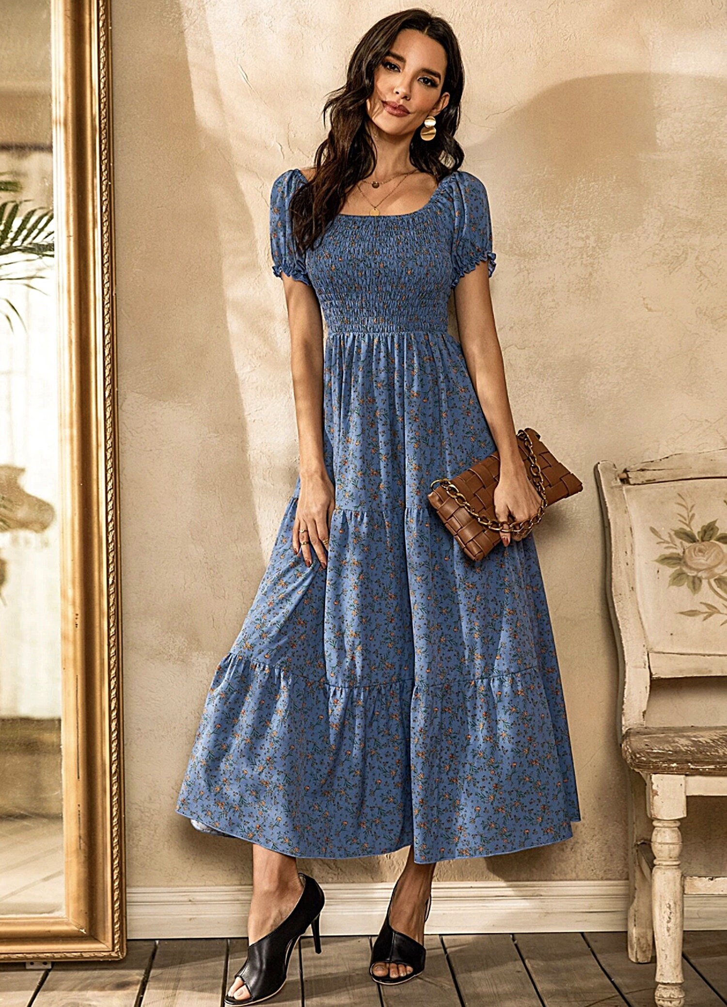 Women's Blue Ditsy Floral Ruffle Hem Short Puff Sleeve Maxi Dress - Etsy
