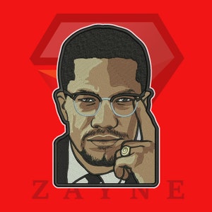 May include: A black and white embroidered patch of a man wearing glasses and a suit. The man is looking to the right and has a serious expression. The patch has the word "ZAYNE" printed below the image.