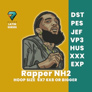 May include: Embroidered patch of a rapper with a beard and a gold chain, wearing a gray hoodie. The text "Rapper NH2" is below the image. The text "HOOP SIZE 5X7 6X8 OR BIGGER" is below the text "Rapper NH2".