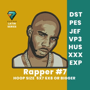 May include: A digital embroidery design of a rapper with a gold chain, wearing a white tank top. The design is labeled "Rapper #7" and includes the text "HOOP SIZE 5X7 6X8 OR BIGGER".