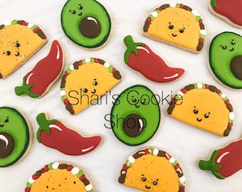 Cute Taco Party Sugar Cookies (Tacos, Avocados, Chili Peppers)