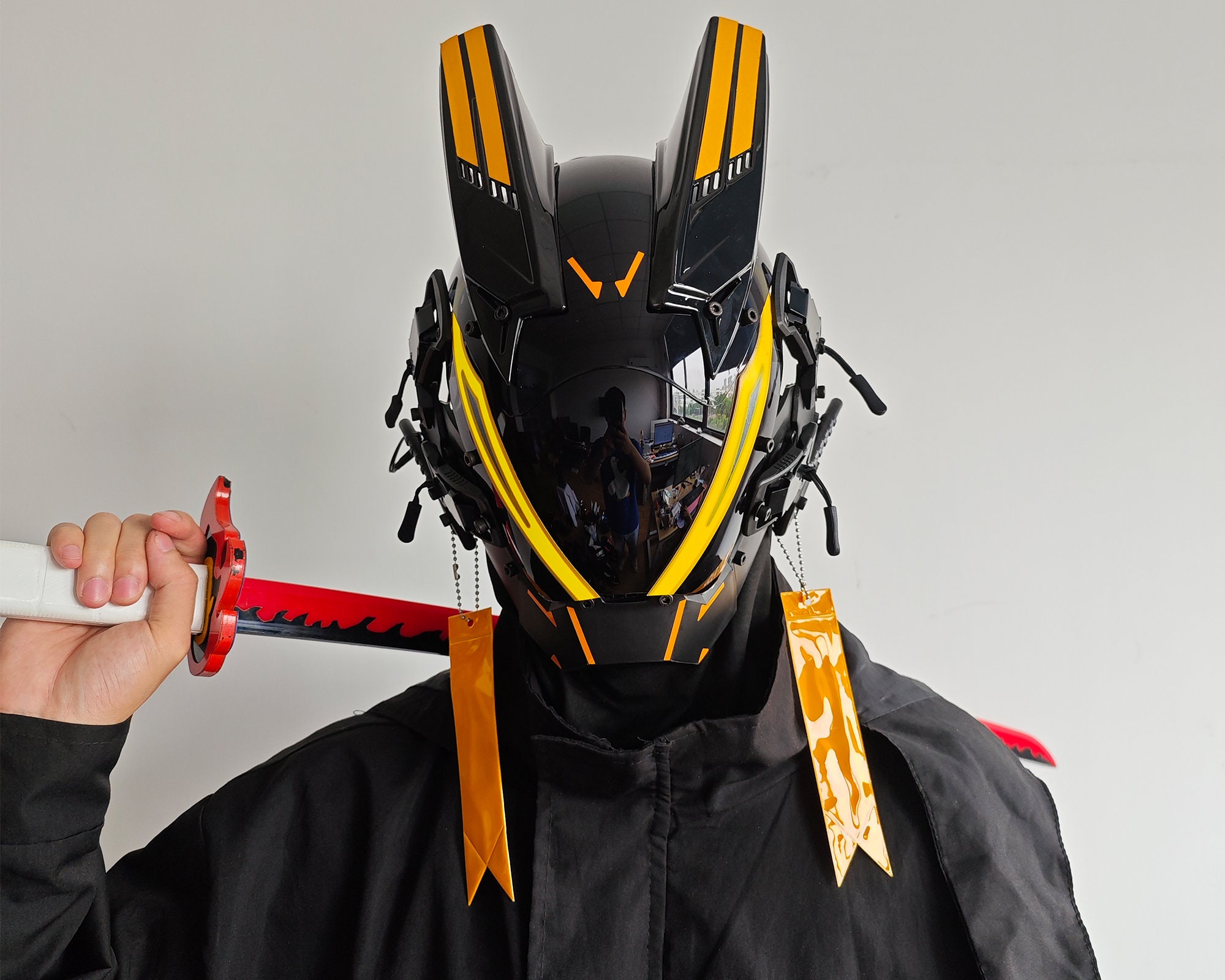 Cyber punk Mask Helmet with Braids Light up Techwear Punk Mask Cosplay  Samurai Mask Costume for Men Women Halloween Party Gifts