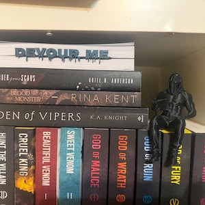 K&ouml;nnte beinhalten: Ein B&uuml;cherregal mit B&uuml;chern, darunter Titel wie "Devour Me", "Under Your Scars" und "Den of Vipers". Eine schwarze Figur eines Kriegers sitzt auf den B&uuml;chern. Die Buchr&uuml;cken sind in verschiedenen Farben gehalten.