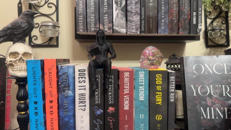 Puede incluir: Una estanter&iacute;a de libros con objetos decorativos. Un cuervo negro est&aacute; posado sobre una calavera, y una figura negra lee un libro. Los t&iacute;tulos incluyen "Lights Out", "Caught Up" y "Does It Hurt?" Tambi&eacute;n se ve una calavera decorativa y otros libros.
