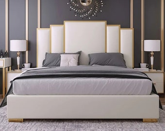 White Platform Bed Faux Leather Cal King Bed with Geometric Upholstered Headboard, Beds Headboards