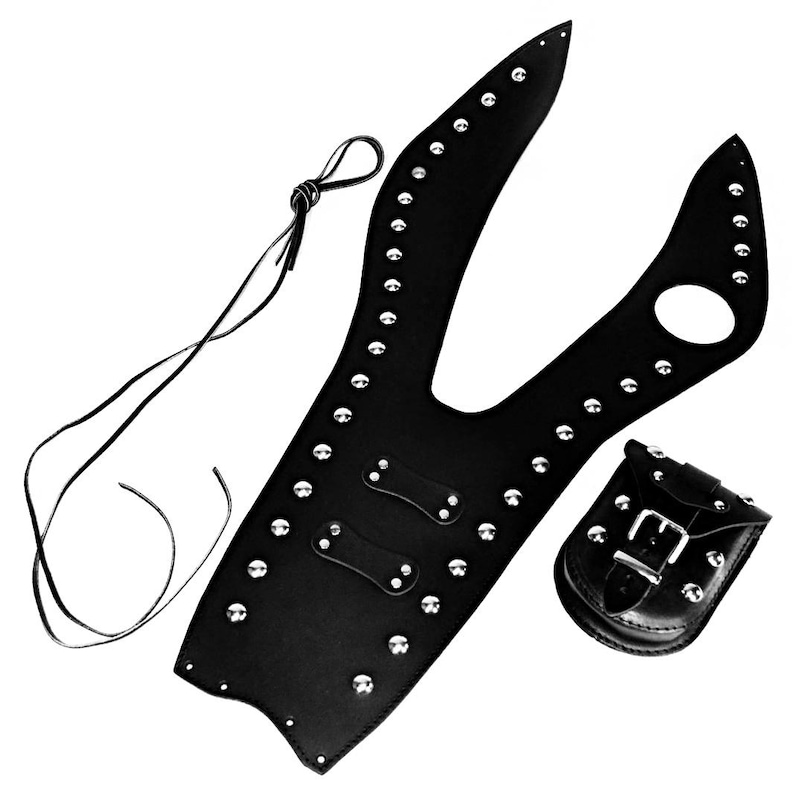 Puede incluir: Bolsa de dep&oacute;sito de motocicleta de cuero negro con detalles de tachuelas y una bolsa separada. La bolsa tiene una correa para sujetarla a una motocicleta.