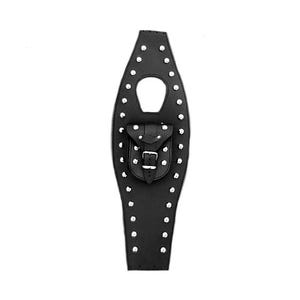 May include: Black leather motorcycle gas tank bag with a small zippered pouch and silver studs.