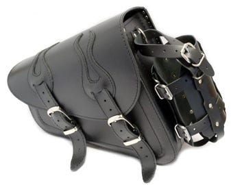 Black Leather Single Bag Pannier Saddlebag for Harley Davidson Sportster 883 1200 - FLAMES DESIGN