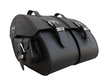 May include: A pair of black leather motorcycle saddlebags with silver buckles and a small pocket on the front.