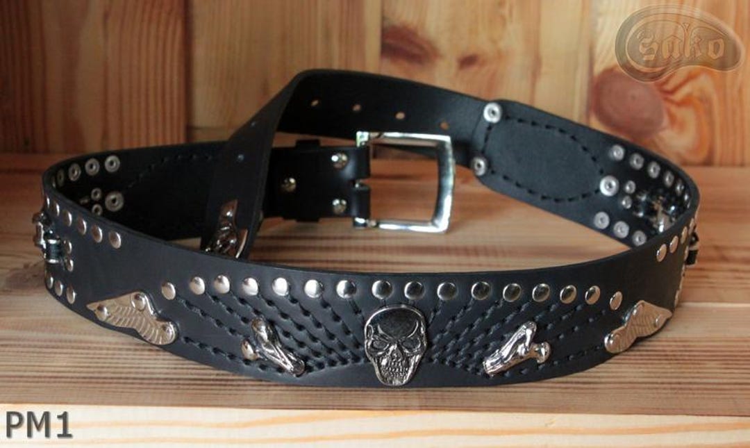 Motorcycle Biker Men's Rock Leather Belt With Skull & Chain Detail