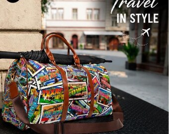 Waterproof Travel Bag Vintage-style State Postcard Stamp Design Weekender Custom Duffel Carry On
