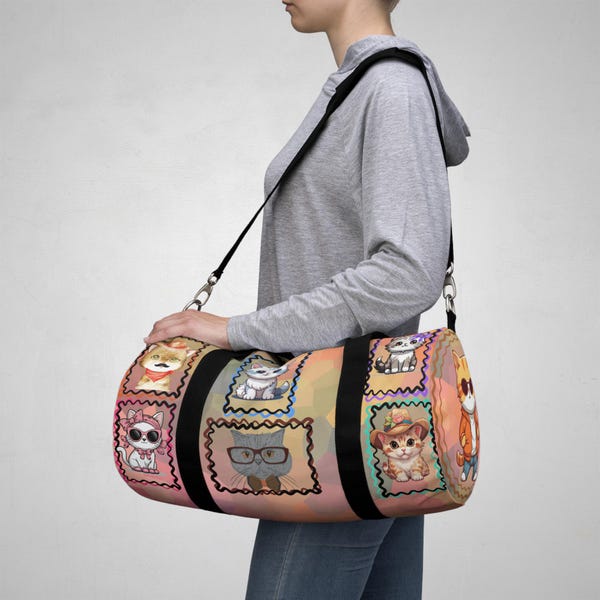 Duffel Bag with Whimsical Kittens Gym Bag Cat Inspired overnight tote Vacation Weekender