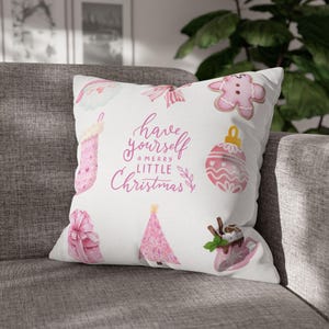 Pink Christmas Themed Square Pillow Cover, Christmas Spun Polyester Square Pillowcase, Coquette Pink Christmas pillowcase