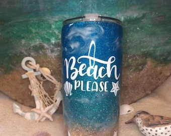 Beach tumbler // beach please // beach mug // vacation glitter tumbler // personalized cup // custom gift