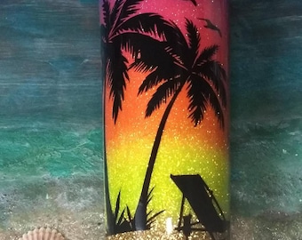 Beach tumbler // neon sunset // beach mug // vacation glitter tumbler // personalized cup // custom gift