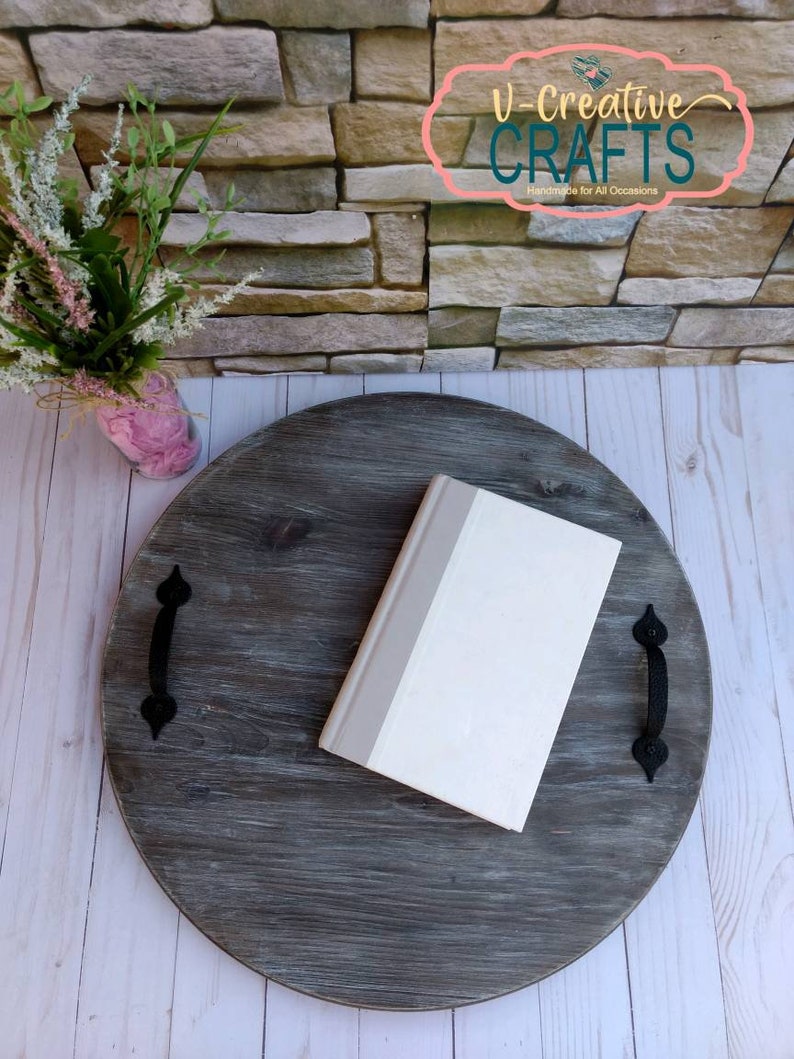Monogram Serving Tray Round Wood Tray With Handles Etsy