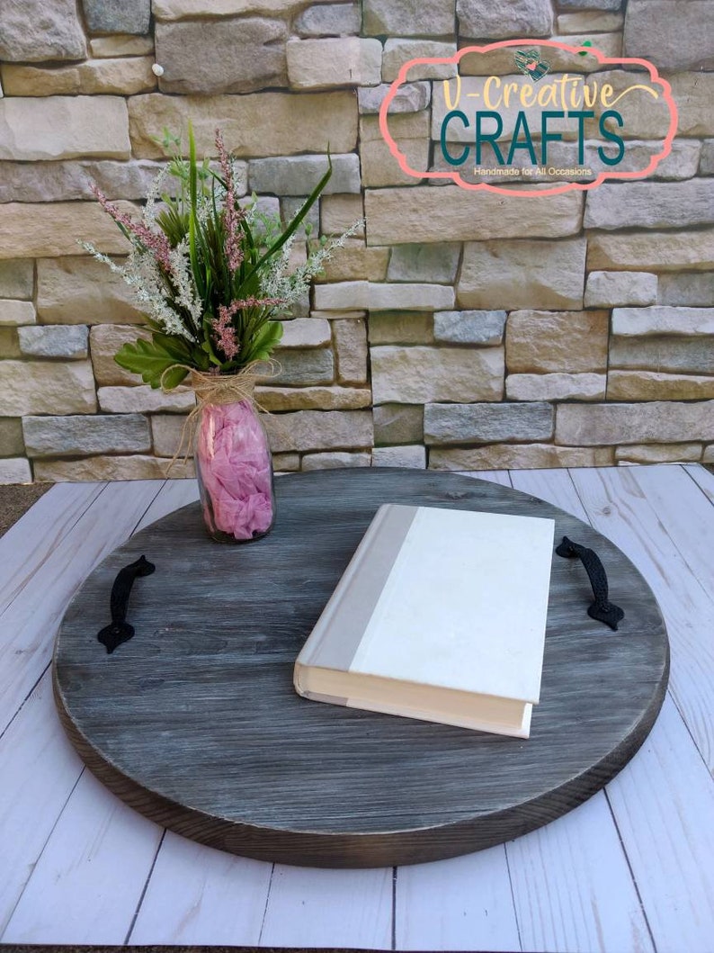 Monogram Serving Tray Round Wood Tray With Handles Etsy