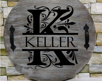 Monogram serving tray,  personalized serving tray,  rustic tray, lazy Susan