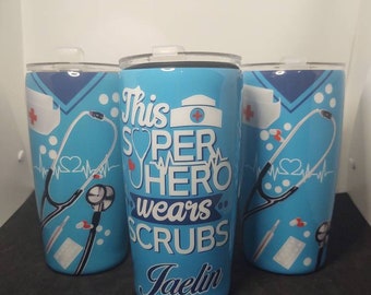 Nurse tumbler // personalized scrub tumbler // medical assistant // this superhero wears scrubs // custom tumbler