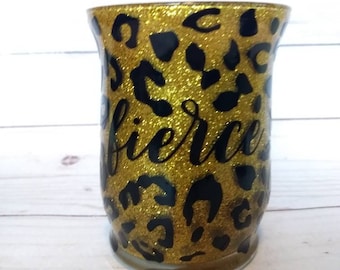 Glitter make up brush holder, leopard print, fierce, make-up junkie