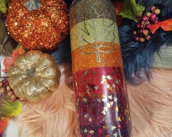 Fall glitter tumbler, autumn leaves tumbler, fall stripes tumbler, personalized fall mug, custom tumbler