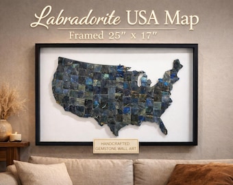 Labradorite USA Map Wall Art | Handcrafted Gemstone Decor (25" x 17")