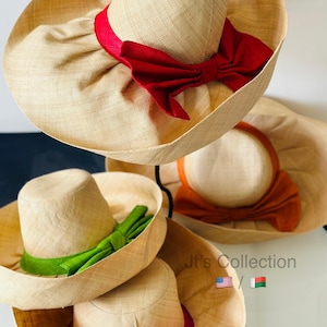 Oversized sun hat 7” Brim Natural Raffia Sunhat/Beach Hat made in Madagascar NATURAL BEIGE with Fuchsia/green/orange/red Medium Bow