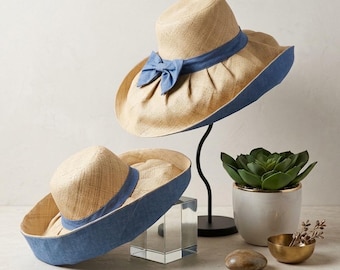 Oversized sun hat 7” Brim Natural Raffia Sunhat/Beach Hat Madagascar Natural with Blue linen and bow