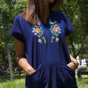 Thai Traditional Tunic Dress * Dark Blue Soft Cotton *  Short Sleeve Knee length V-neck * Authentic Asian Decorative * S-M