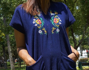 Thai Traditional Tunic Dress * Dark Blue Soft Cotton *  Short Sleeve Knee length V-neck * Authentic Asian Decorative * S-M