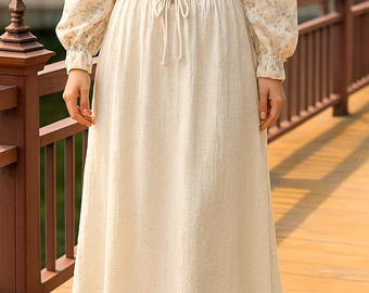 Maxi Rock Creme Baumwolle * Boho Kordelzug Taille * Ganzkörperansicht Salu