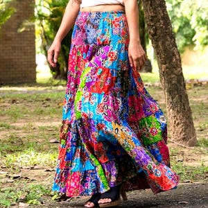 Patchwork Skirt * Bohemian Hippie Style * Long Maxi Length * Colorful Bright Multicolored * Cotton * Women * Medium