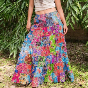 Patchwork Skirt Bohemian Hippie Style Long Maxi Length Colorful Bright Multicolored Cotton Women Medium image 4