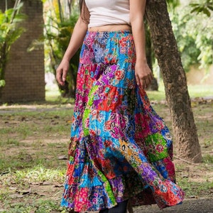 Patchwork Skirt Bohemian Hippie Style Long Maxi Length Colorful Bright Multicolored Cotton Women Medium image 1