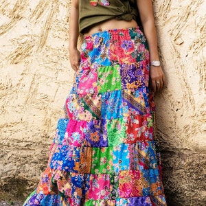 Patchwork Skirt Bohemian Hippie Style Long Maxi Length Colorful Bright Multicolored Cotton Women Medium image 3