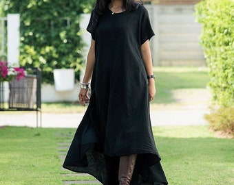Women's Irregular Black Dress * Cotton Asymmetrical * Bohemian Boho Gothic * Long Maxi High Low Hemline * Plain Solid Color