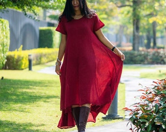 Women's Irregular Red Russet Dress * Cotton Asymmetrical * Bohemian Boho * Long Maxi High Low Hemline * Plain Solid Color