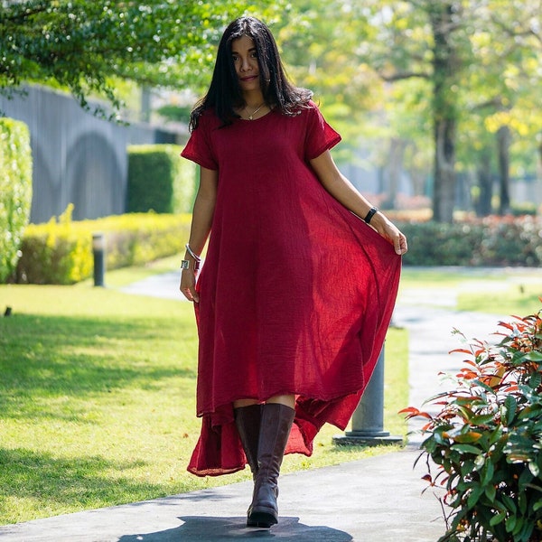 Women's Irregular Red Russet Dress * Cotton Asymmetrical * Bohemian Boho * Long Maxi High Low Hemline * Plain Solid Color