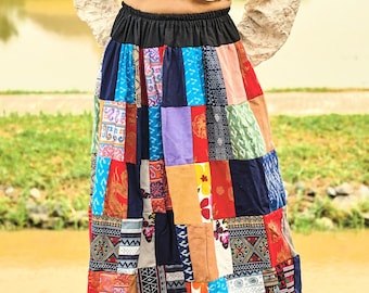 Patchwork Skirts * Cotton * Unique Bohemian Hippie Style * Ankle Maxi Length * Colorful Bright Multicolored * Women * Medium