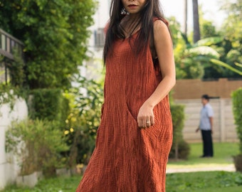 High Low Pinafore Dress * Terracotta Burnt Orange  Irregular Dress * Asymmetrical Handkerchief Hemline * Earthy Solid Plain Color