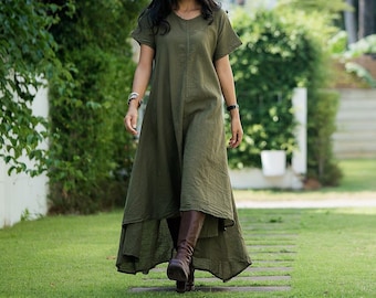 Women's Irregular Sage Green Dress * Cotton Asymmetrical * Bohemian Boho * Long Maxi High Low Hemline * Earth Tone Dress